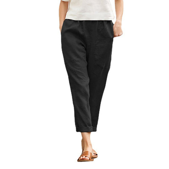 Damen nan leichte Leinenhose mit elastischem Bund, seitlichen Eingrifftaschen und gekrempeltem Saum EB