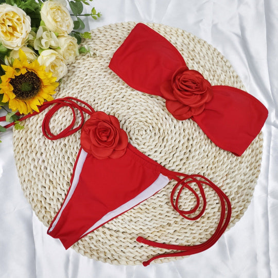 Damen Bandeau-Bikini mit floralem Akzent und verstellbaren Trägern EB
