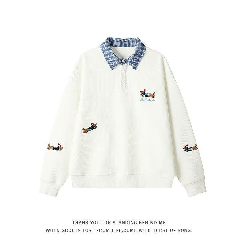 Damen Pullover mit stilvollem Karomuster und tierischem Motiv EB