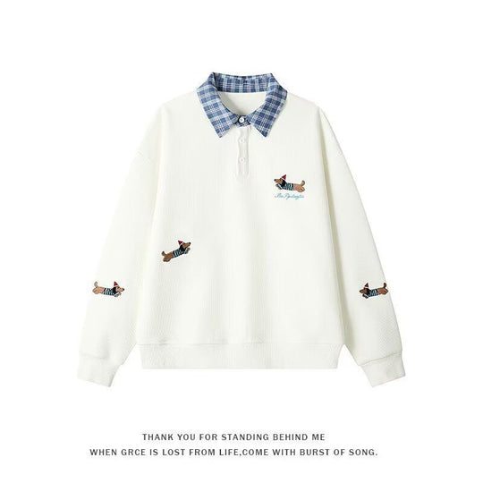 Damen Pullover mit stilvollem Karomuster und tierischem Motiv EB