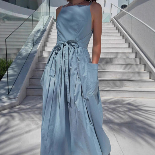 Damen Maxi-Kleid mit schwingendem Rock und praktischen Seitentaschen EB