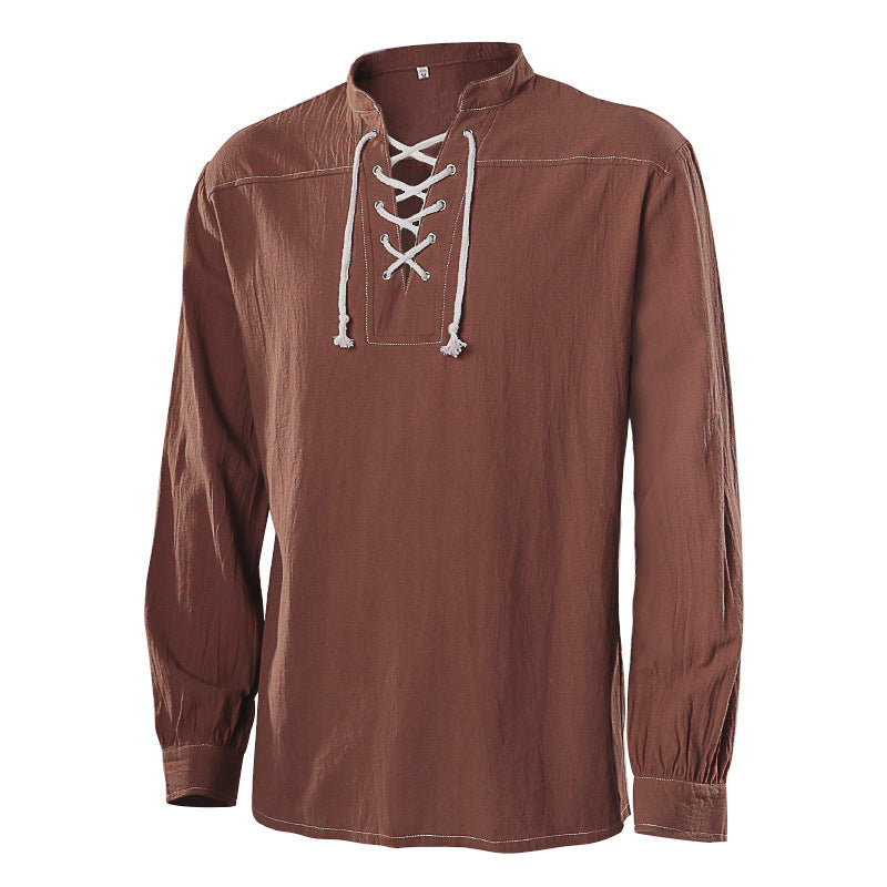 Herren nan lässiges Kurzarmshirt mit geschnürter V-Kehle, kurzem Stehkragen und weichem Baumwollmix Eb