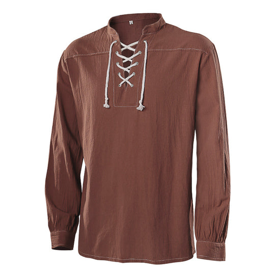 Herren nan lässiges Kurzarmshirt mit geschnürter V-Kehle, kurzem Stehkragen und weichem Baumwollmix Eb