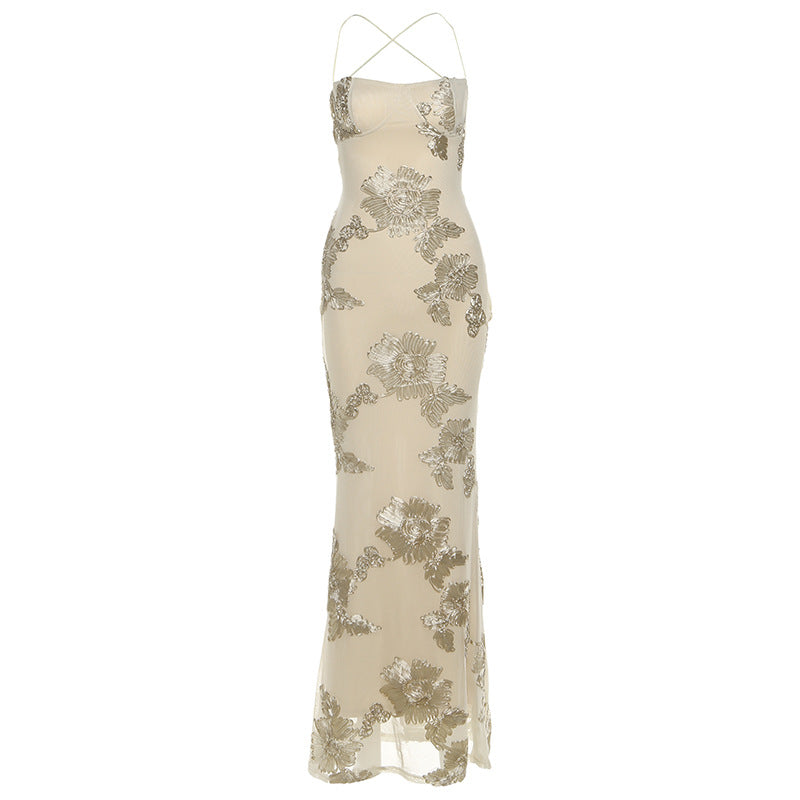 Damen Elegantes Bodenkonturierendes Maxikleid mit Spaghettiträgern und floralem Design EB