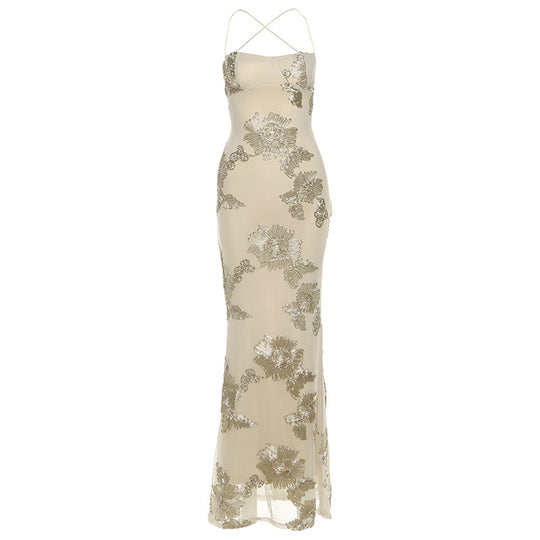 Damen Elegantes Bodenkonturierendes Maxikleid mit Spaghettiträgern und floralem Design EB