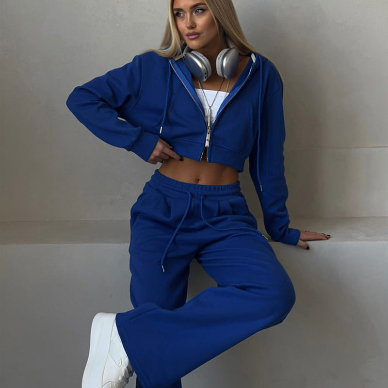 Damen cropped Reißverschluss-Kapuzenpullover mit hohem Bund Palazzo-Jogger Set EB