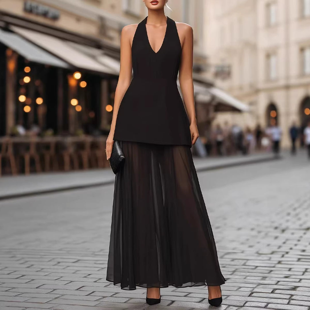 Damen Elegantes Maxikleid mit tiefem V-Ausschnitt und transparentem Überrock EB