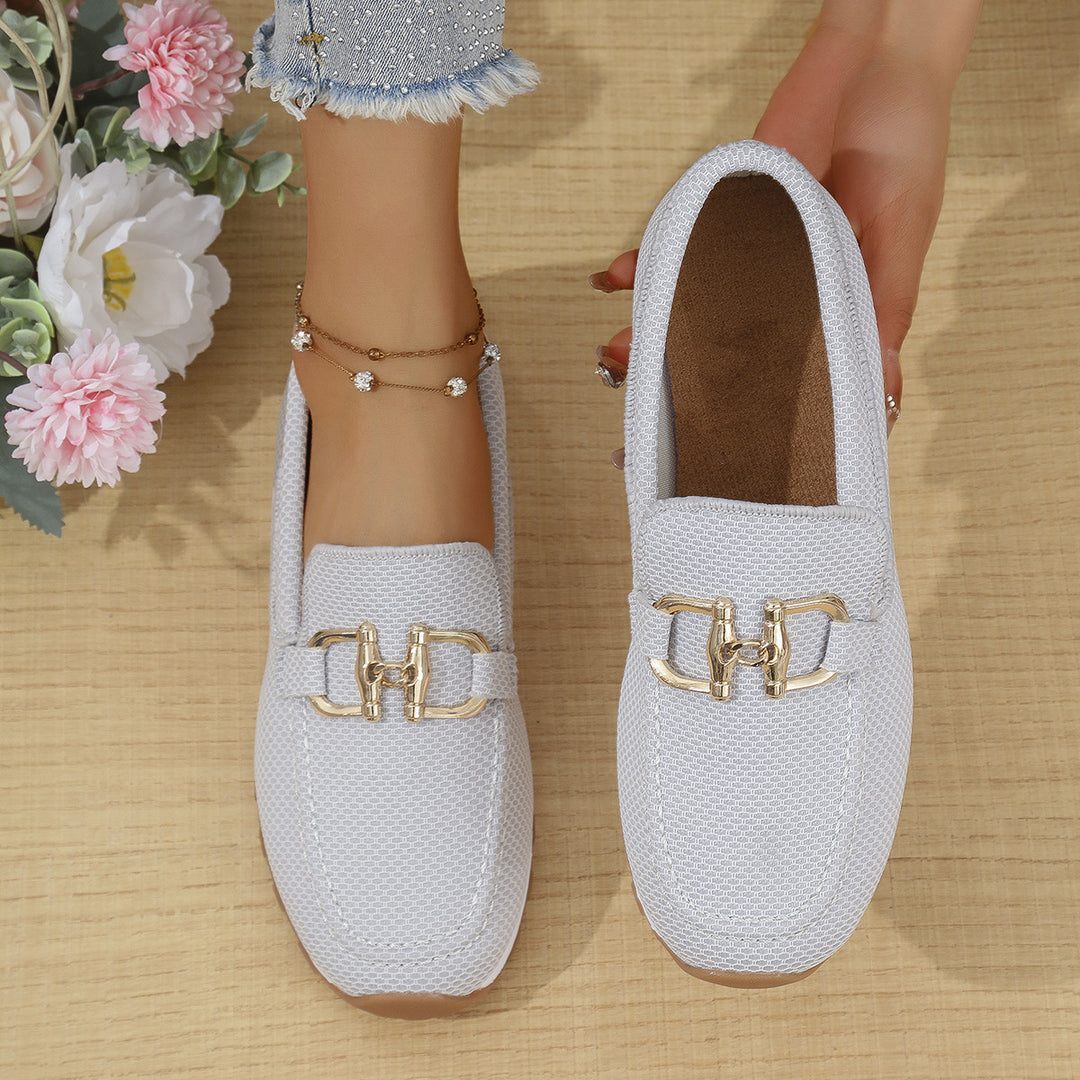 Damen  elegante Slipper Loafer mit gepolsterter Innensohle und dekorativer Metallapplikation EB