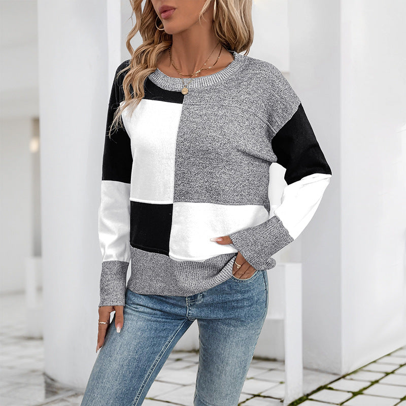 Damen Blockmuster-Strickpullover mit Rundhalsausschnitt und legerer Passform EB
