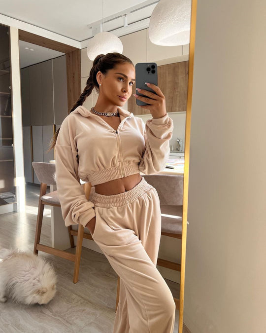 Damen nan kurzes Samt Trainingsset mit Reißverschluss Hoodie und weiter Bund Jogginghose EB