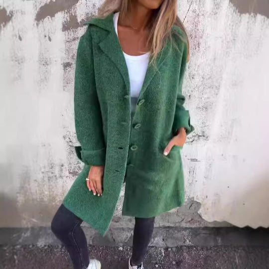 Damen Eleganter Oversize-Wollmantel mit Durchgehender Knopfleiste und Praktischen Taschen EB