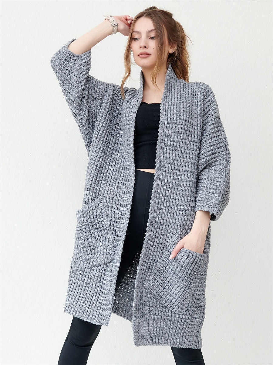 Damen kuscheliger Strickmantel mit großen Taschen und lässigem Schnitt EB