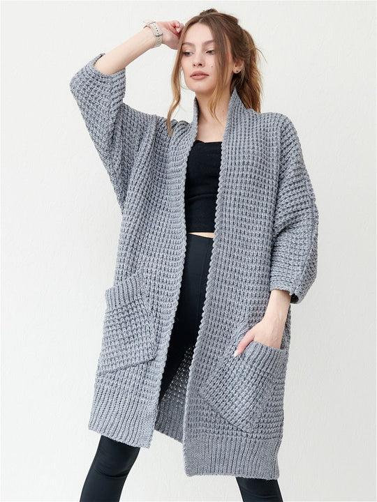 Damen kuscheliger Strickmantel mit großen Taschen und lässigem Schnitt EB