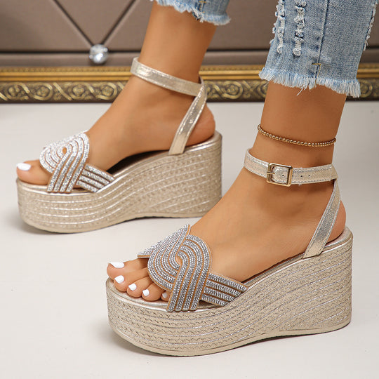 Damen Wedge-Sandaletten mit funkelnden Strassakzenten und elastischem Riemen EB