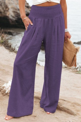Damen weite Leinenhose mit elastischem Taillenbund und seitlichen Falten EB