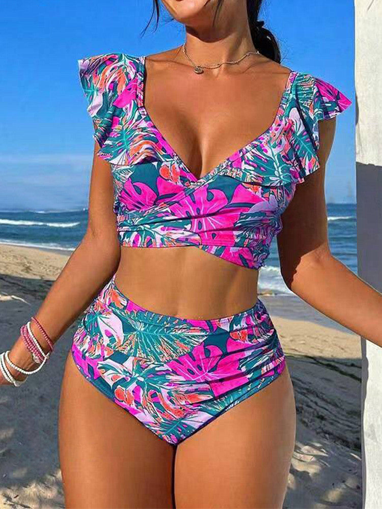 Damen Hoch-tailliertes Badebikini mit verspielten Rüschendetails EB