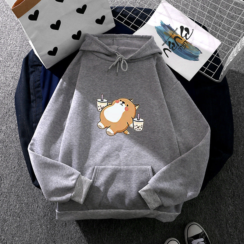 Damen nan niedlicher Kapuzenpullover mit Kängurutasche, oversized Schnitt und Bubble‑Tea Corgi-Print EB