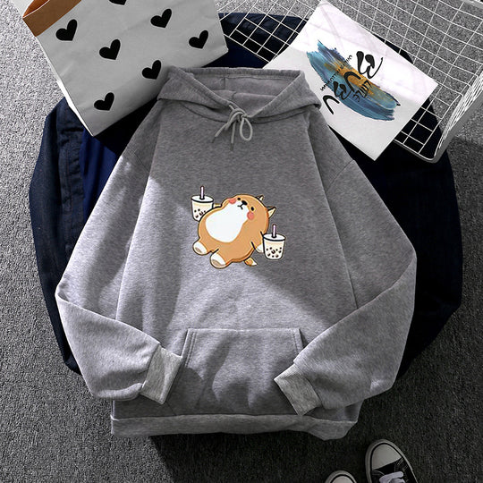Damen nan niedlicher Kapuzenpullover mit Kängurutasche, oversized Schnitt und Bubble‑Tea Corgi-Print EB
