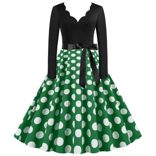 Damen Retro Swingkleid im Vintage-Stil mit welligem V-Ausschnitt, langärmliger Oberteil, Polka-Dot Tellerrock und Satin-Taillengürtel EB