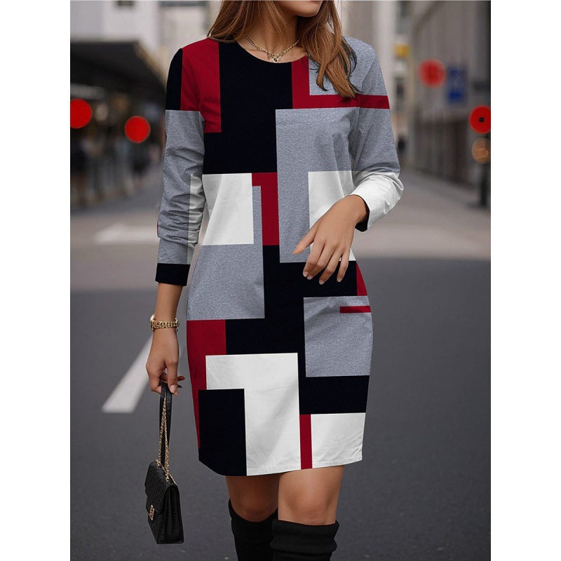 Damen Modisches Kleid mit geometrischem Muster und langen Ärmeln EB
