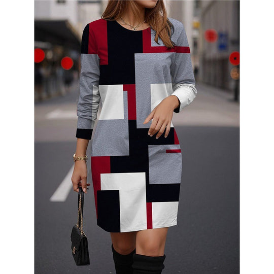 Damen Modisches Kleid mit geometrischem Muster und langen Ärmeln EB