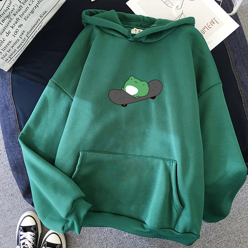 Unisex nan Kapuzenpullover mit Skater-Frosch-Print, weichem Fleece-Innenfutter und Kängurutasche EB