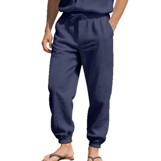 Herren Leinenoptik-Loungehose mit elastischem Bund, Kordelzug & gerippten Knöchelabschlüssen EB