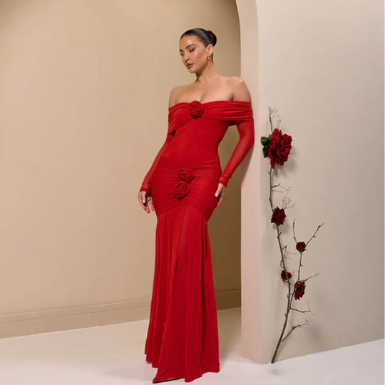 Damen Elegantes Wickel-Maxikleid mit Rüschen und Off-Shoulder Design EB