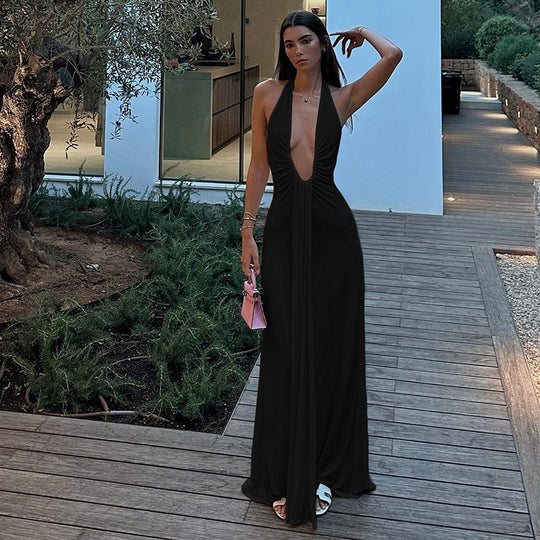 Damen Maxikleid mit tiefem V-Ausschnitt und eleganten Drapierungen EB