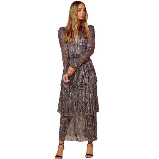 Damen Glamouröses Abendkleid mit schillernden Lagen und V-Ausschnitt EB
