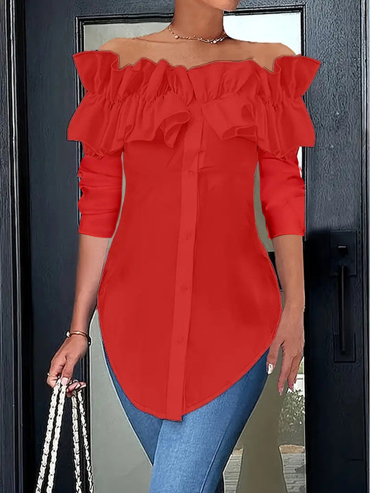 Damen Off-Shoulder Bluse mit Rüschen und Knopfleiste EB