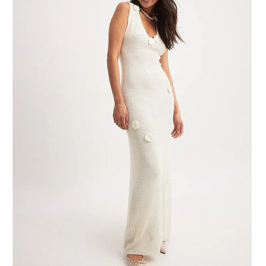 Damen Maxi-Strickkleid mit raffinierten Blumenapplikationen EB