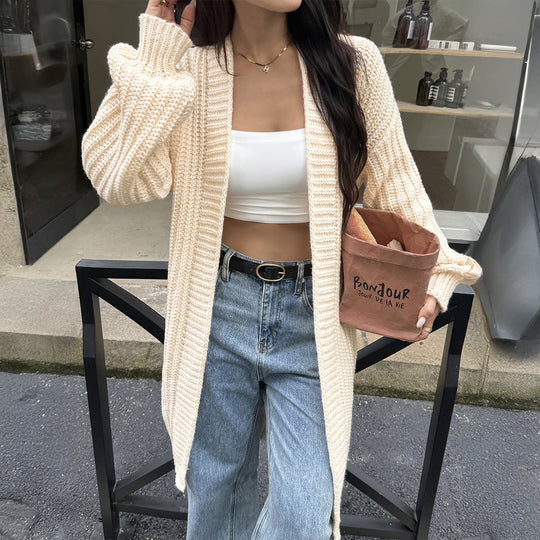 Damen nan lange Grobstrick-Cardigan mit offener Front und Ballonärmeln EB