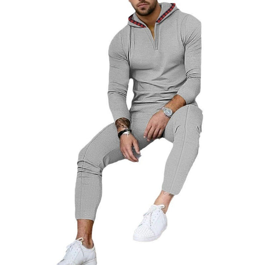 Herren nan Slim-Fit Waffel-Strick Kapuzen-Set mit Halbzip, kontrastgefütterter Kapuze und tapered Jogginghose EB