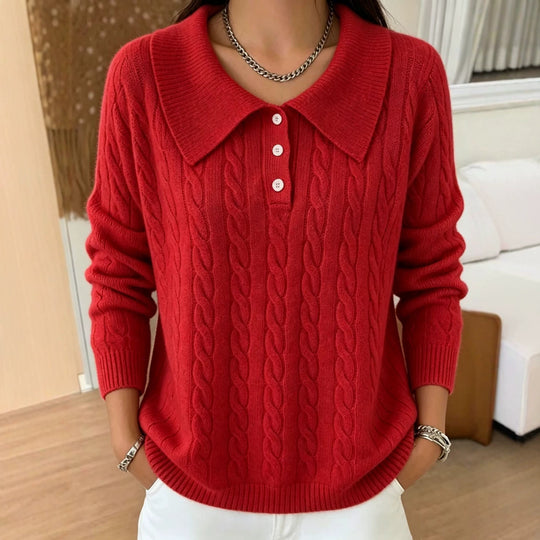 Damen Kabelstrick-Polo-Pullover mit großem Umlegekragen und lockerer Silhouette EB