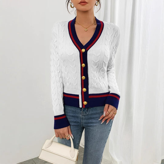 Damen modische Strickjacke mit strukturiertem Zopfdesign und Kontrastbündchen EB