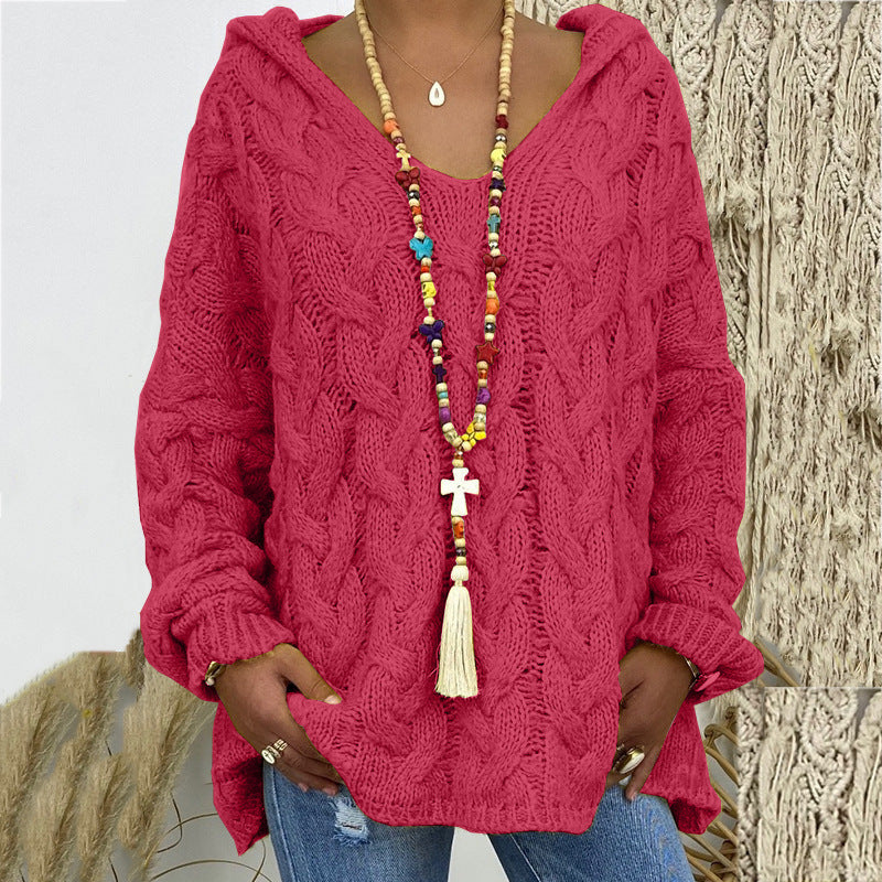 Damen nan oversized Kapuzenpullover mit Zopfmuster, tiefem V-Ausschnitt und seitlichen Schlitzen EB