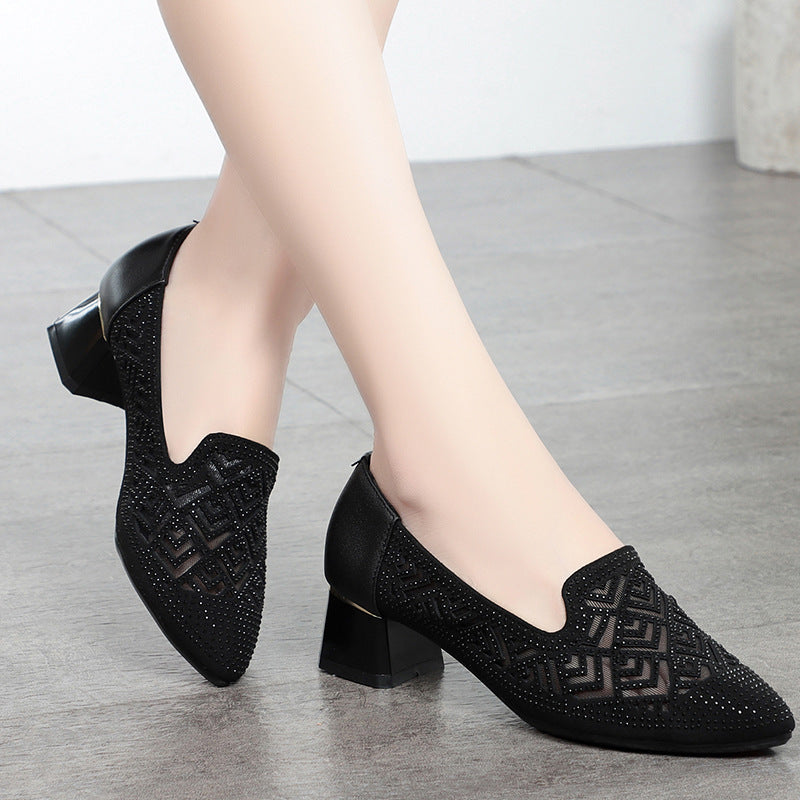 Damen Elegante Slipper mit modischem Perlenmuster und komfortablem Blockabsatz EB