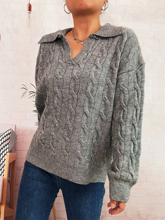 Damen Grobstrickpullover mit farbenfrohem Zopfdesign und klassischem Kragen EB