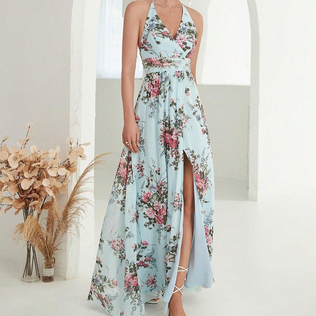 Damen Maxikleid mit hochgeschlossenem Ausschnitt und seitlichem Schlitz EB