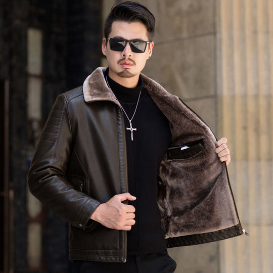 Herren Lederimitat-Übergangsjacke mit durchgehendem Teddyfutter und umlegbarem Kragen EB