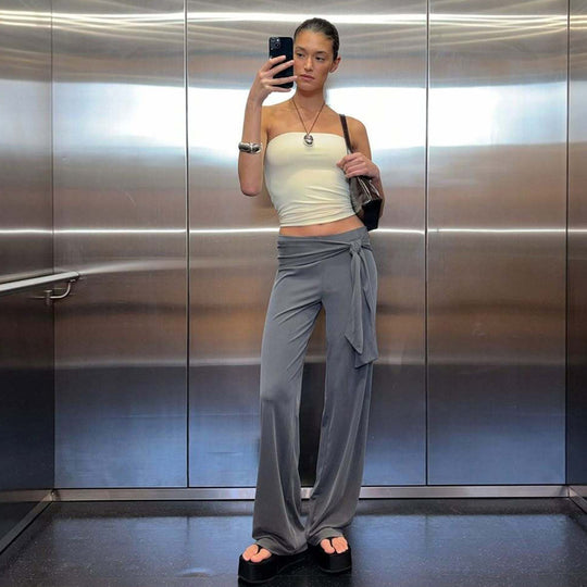Damen Fließende Palazzohose mit stylischem Wickelband EB