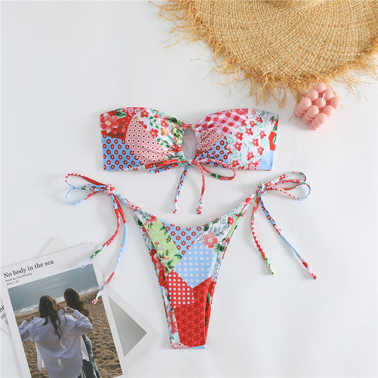 Damen Bikini-Set mit trendigem Patchwork-Muster und verspielten Krawatten EB