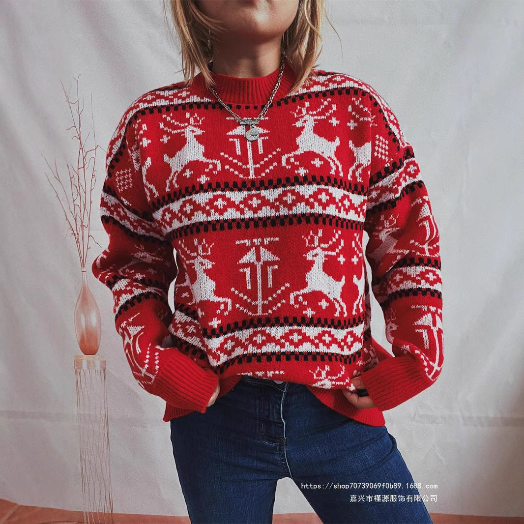 Damen Weihnachts-Pullover im festlichen Norwegermuster mit Rundhalsausschnitt EB