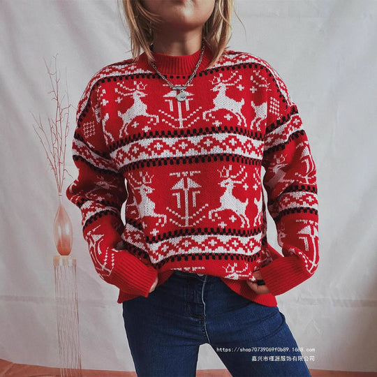 Damen Weihnachts-Pullover im festlichen Norwegermuster mit Rundhalsausschnitt EB