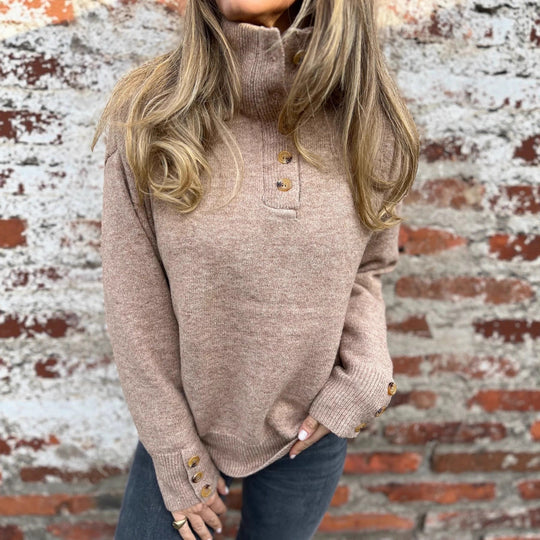 Damen modischer Strickpullover mit Knopfdetails und hohem Kragen EB