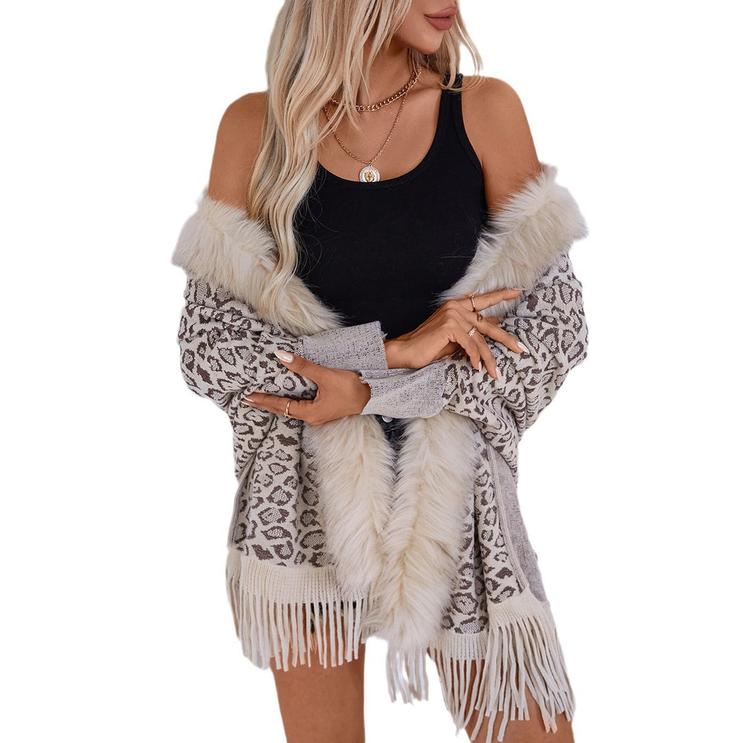 Damen eleganter Strickponcho mit luxuriösem Kunstfellkragen und fransigem Saum EB