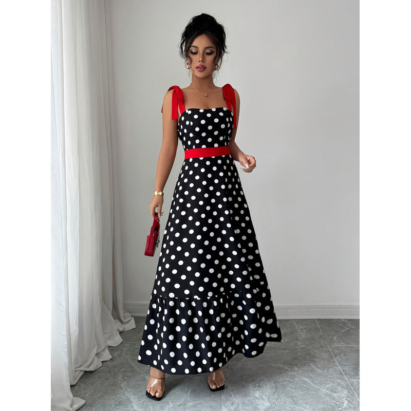Damen Maxikleid mit verspieltem Polka-Dot-Muster und kontrastierendem Gürtel EB