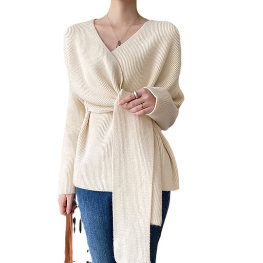 Damen Wickelpullover mit lässigem Schnitt und modischen Bindebändern EB