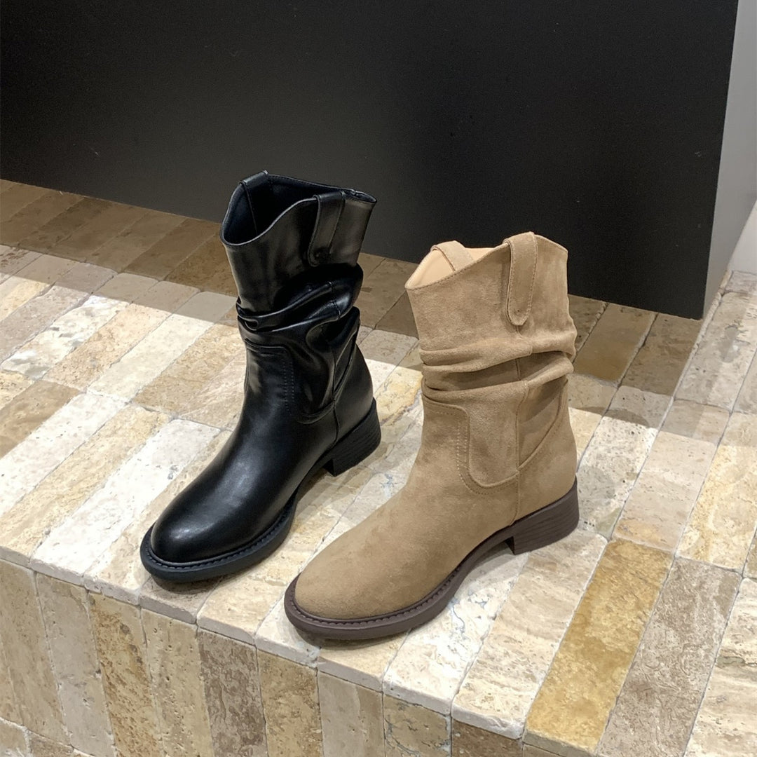 Damen modische Stiefel mit gerafftem Schaft und bequemem Blockabsatz EB